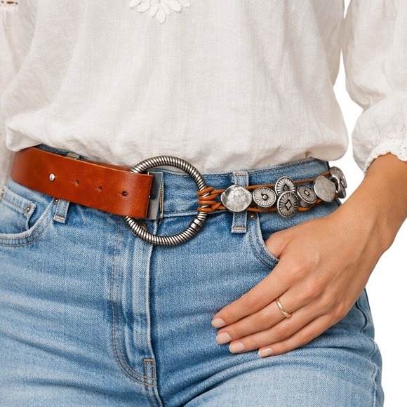 Antoniazzi Firenze Accessories - Antoniazzi Firenze Italian Leather Concho Belt Brown Ring Western Boho M NWOT